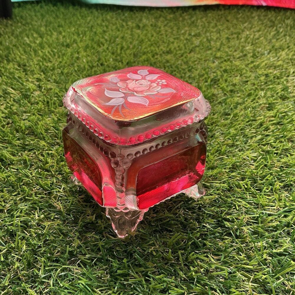 Vintage Westmoreland Ruby Flash Glass Trinket Box Hand Painted Rose 1978 Signed